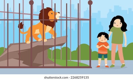 Mother and son with lion in the cage. Flat vector illustration.