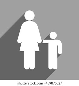 Mother With Son long shadow vector icon. Style is a flat mother with son white iconic symbol on a gray square background.