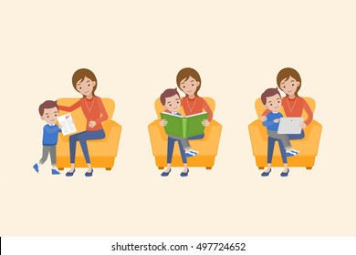 Mother And Son Looking At The Paper, Reading  Book, And Holding Tablet Computer On The Sofa