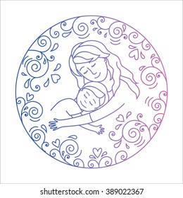 Mother   son in love inside round Template for card Mother   baby Mother's day Mother   baby hug Vector illustration Colored illustration isolated white background