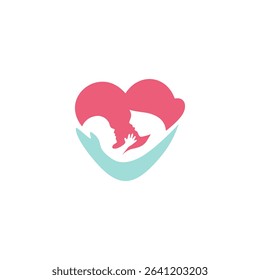 Mother son love logo design illustration. Modern minimalist creative simple line art silhouette love heart mother baby