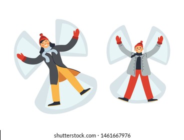 Mother and son lying on snow making angel isolated vector characters woman and boy in mittens and winter clothes outdoor activity pastime and, leisure having fun on nature leaving angelic silhouette