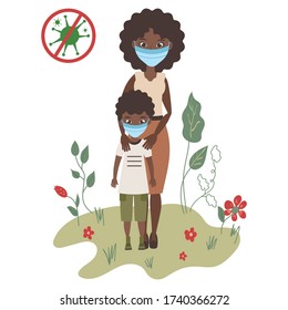 Mother with son  in medical masks outdoors. Coronavirus protection. Family outside in nature protection from Covid-19. Afro-American people. Vector illustration in flat style. 