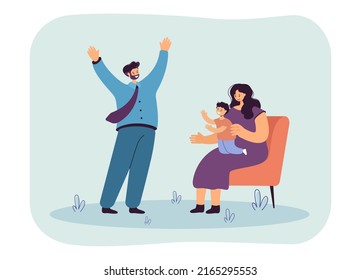 Mother And Son Meeting Father Homecoming From Work. Happy Baby Boy Sitting On Lap Of Woman Flat Vector Illustration. Love, Relationship Concept For Banner, Website Design Or Landing Web Page