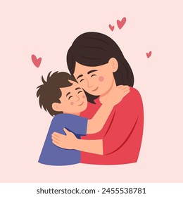 Mother and son. Mom Embrace her Child, Their Faces Aglow With Love, Eyes Closed, Encapsulating Eternal Bond In A Moment Of Serene Affection.Mother's Day. Vector Illustration