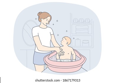 Mother and son, motherhood, mothers day concept. Young positive woman mother cartoon character washing her small son boy in basin at home in bathroom vector illustration 