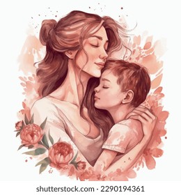 mother and son mothers day watercolor flowers white background 