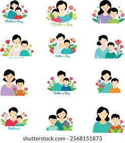 Mother and son mothers day watercolor flowers white background. Mother's Day, mom, children.