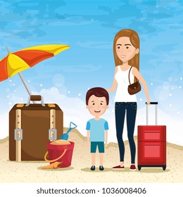 mother with son on the beach
