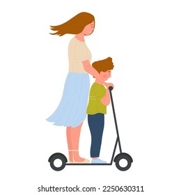 Mother and son on electric scooter. Mom teaching her child riding bike vector illustration