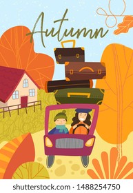 Mother and son on a family vacation in autumn, driving through the countryside with luggage on the roof of the car in a colorful vector poster design.