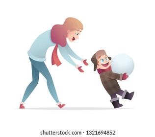 Mother and son on a fun winter walk. Mom and baby are playing with snow. woman and child spend time together