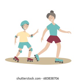 Mother and son on roller skates. Family Sports and physical activity with children, joint active recreation. Vector illustration in flat style, isolated on white background.