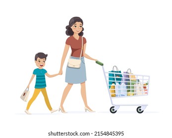 Mother and son on shopping with a full grocery cart