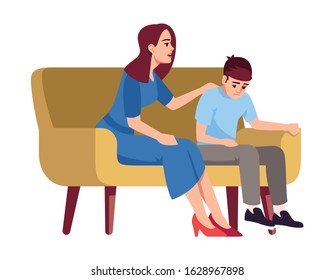 Mother And Son On Sofa Semi Flat RGB Color Vector Illustration. Woman With Boy On Couch. Family Conversation. Transitional Age. Psychology Consultation. Isolated Cartoon Character On White Background