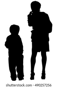 Mother and son on white background