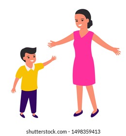 Mother and son with open arms. Happy young family portrait. Motherhood and childhood. Love mom. Vector illustration isolated
