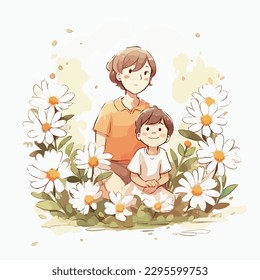 mother and son painting white flowers around white background mothers day 