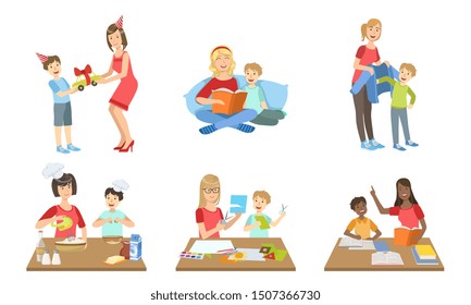 Mother and Son Performing Daily Activities Together Set, Cooking, Reading Book, Making Applique, Giving Gifts Vector Illustration