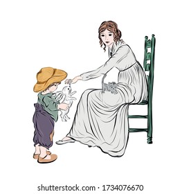 Mother and son with pet. Boy holds rabbit and woman strokes him. Adorable child in straw summer hat protecting from the sun. Lady in vintage dress sits on green chair. Animal care. 