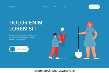 Mother and son planting creative idea. Flat vector illustration. Woman with shovel helping little boy with bedding out plant with yellow bulb. Creativity, parenthood, care, help, idea, talent concept
