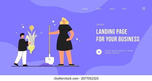 Mother and son planting creative idea. Flat vector illustration. Woman with shovel helping little boy with bedding out plant with yellow bulb. Creativity, parenthood, care, help, idea, talent concept