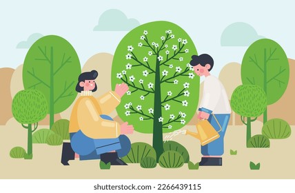 mother and son planting a tree in desert to protect the environment. arbor day concept flat vector illustration. world environment day. the boy is watering the tree according to the female's guidance.