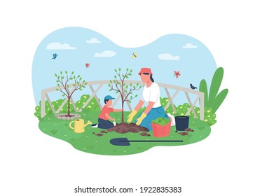 Mother and son planting tree together, 2D vector web banner, poster. Mom with son in garden. Mother with child flat characters on cartoon background. Family activity printable patch, colorful web element