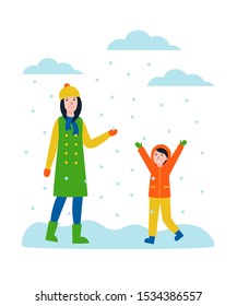 Mother and son play and catch snowflakes. Female character and child playing snowballs. Winter weather flat vector concept illustration isolated white background.