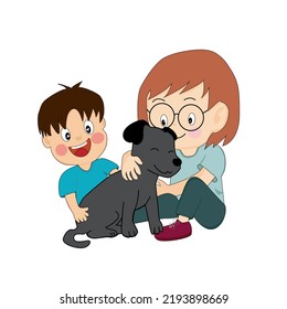 mother and son playing with black dog