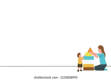 mother and son playing with blocks concept. mothers day, happy son, playing with mom, quality time in home. object design vector illustration for presentation.