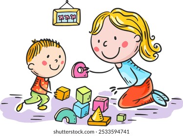 Mother and son playing with building blocks at home. Happy cartoon family activity clipart. Parenting, motherhood concept. Parent actively spends time with child