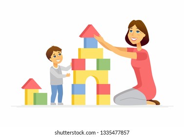 Mother and son playing - cartoon people characters illustration isolated on white background. Young woman and her kid building a toy castle, pyramid, having a good time together. Family concept