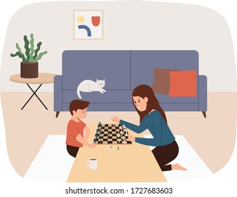 Mother and son playing chess together. family game, weekend, home atmosphere. Flat illustration