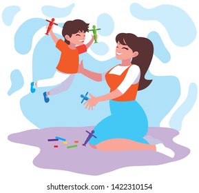 Mother and son playing design