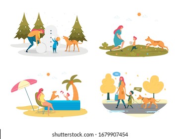 Mother and Son Playing with Pet in Different Seasons Flat Cartoon Vector Illustration. Mom and Boy Making Snowman in Winter. Family Having Rest on Beach, Animal Throwing Ball to Guy.