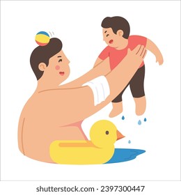 Mother and son playing with rubber duck. Flat style vector illustration.