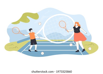 Mother and son playing tennis outside on court. Cartoon characters hitting balls with rackets vibrant flat vector illustration. Tennis camp or academy, sports concept for banner, website design