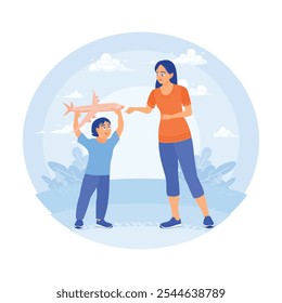 Mother and son playing with toy airplanes outdoors. Young mother playing with her son. Family lifestyle activity concept. Flat vector illustration.