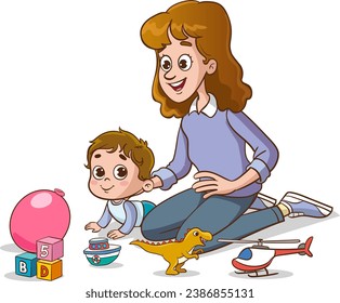 Mother and son playing with toys. Vector illustration of a mother and son playing with toys.