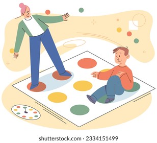 Mother and son playing twister at floor, people spend time together, parent and kid playing indoor game. Happy mom and son, home activity, people have fun. Friends company joyful time inside