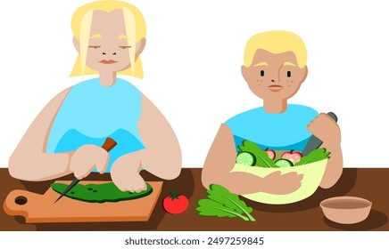 mother and son preparing salad together. vector illustration.
