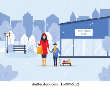 Mother and son with purchases in handbags after visit to shopping mall. Winter season. Snowy street. Vector Illustration.