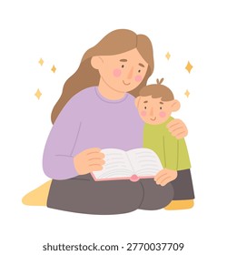 Mother and son read a book sitting on  the floor. Woman and child with fairy tale book. Cute flat vector illustration. 
 Parent instills a love of reading