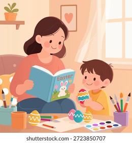 Mãe e filho leem juntos um livro de Páscoa e pintam ovos.
