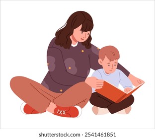 Mother and son are reading a book. A bedtime story.Mother Helping Her Son with His Homework