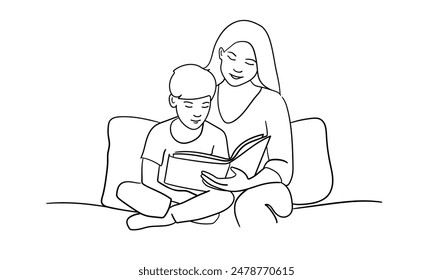 Madre e hijo leyendo un libro de arte en línea continua dibujo aislado sobre fondo blanco. Ilustración vectorial