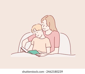 madre e hijo leyendo un libro. Ilustraciones de diseño de Vector dibujado a mano.