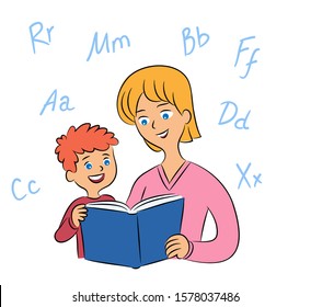 Mother and son reading book and learning alphabet letters. Babysitter teaching little boy. Mom and child doing homework. Parent and kid characters. Help or assistance. Vector flat cartoon illustration