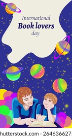 Mother and son reading book. Magical starry sky with colorful planets. International Book Lovers Day. Vertical template. Isolated vector illustration.